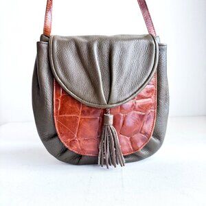 Vintage Leather Croc Skin Oval Crossbody Bag